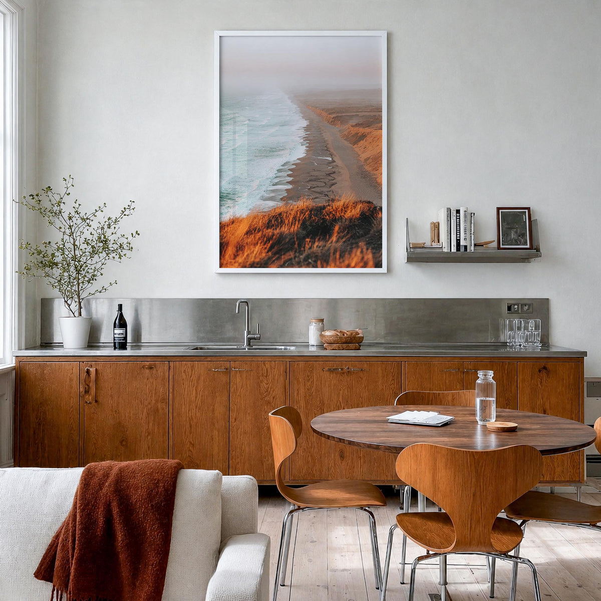 Point Reyes no. 1 colorful photo poster of California, USA – vertical wall art in white wood frame, hanging on wall