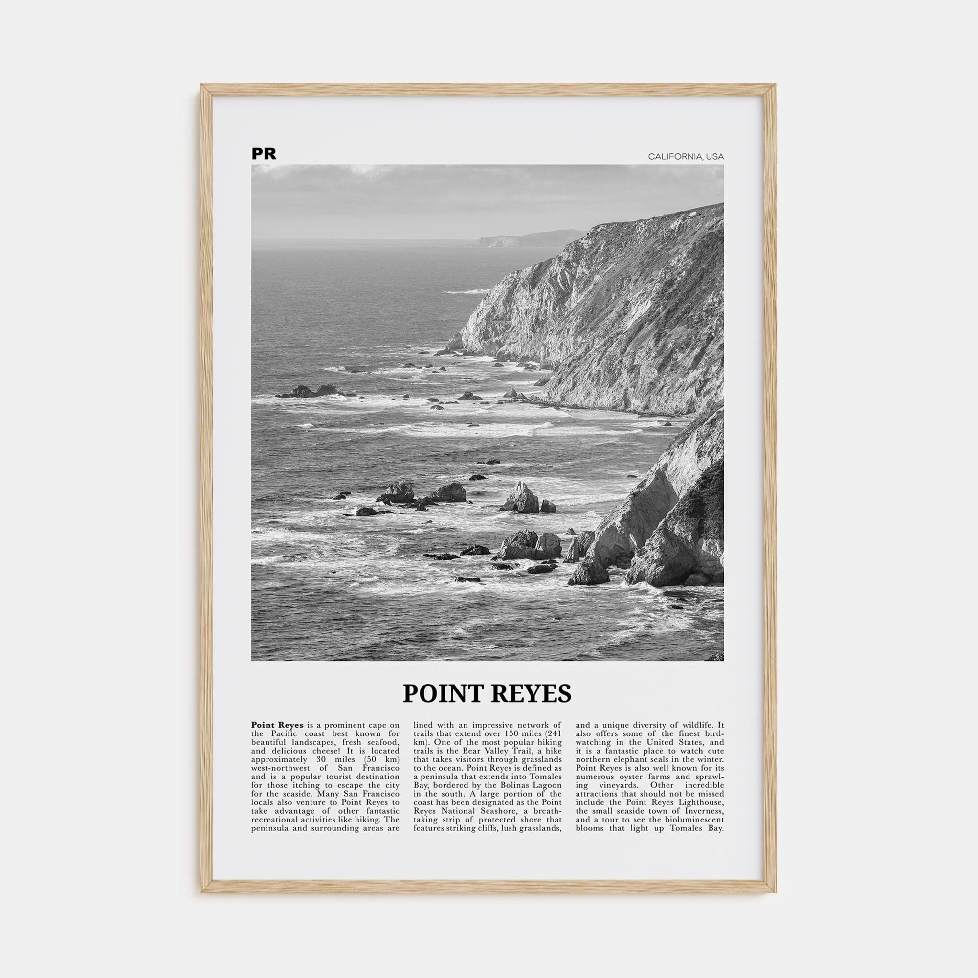 Point Reyes Poster Natural Wood / 8x12 in Nbourhood Travel B&W Poster