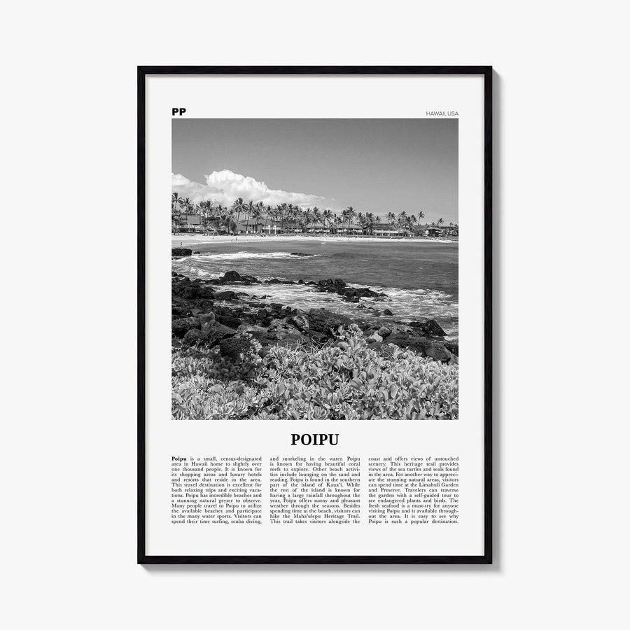 Poipu black & white newspaper poster of Hawaii, USA – vertical wall art, unframed print shown in interior mockup