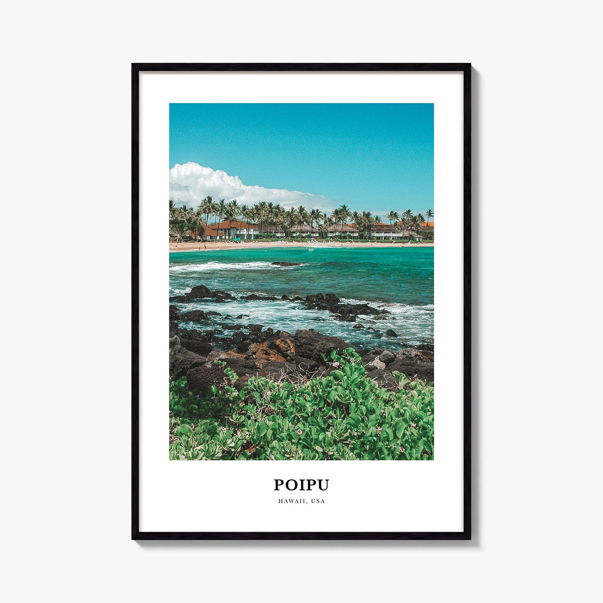 Poipu colorful classic poster of Hawaii, USA – vertical wall art, unframed print shown in interior mockup