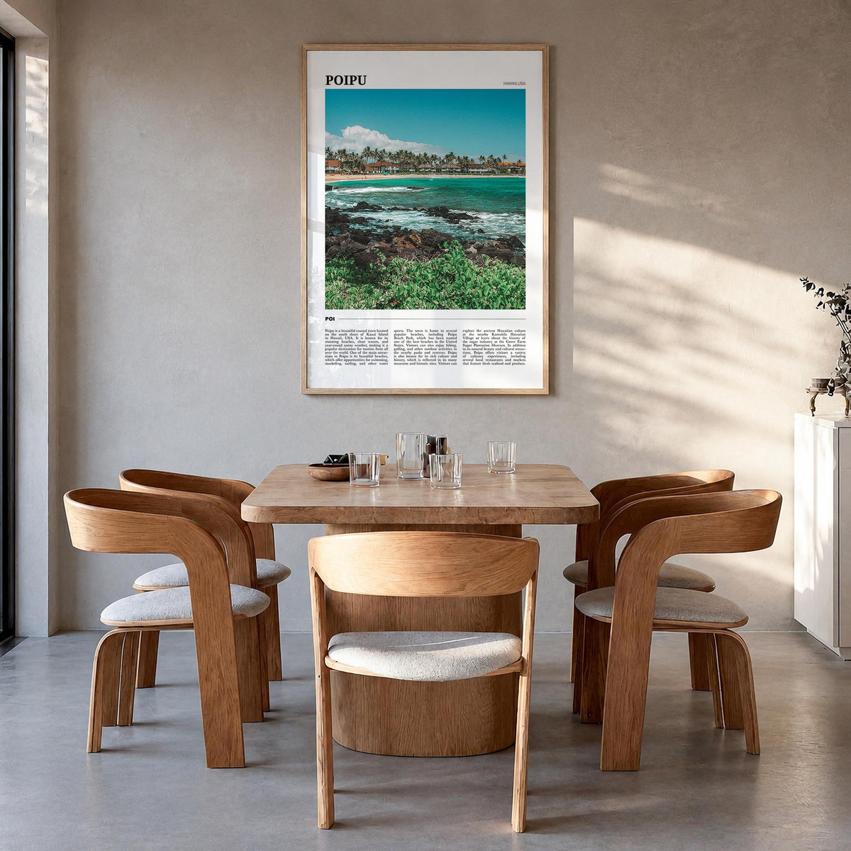 Poipu colorful travel poster of Hawaii, USA – vertical wall art in natural wood frame, hanging on wall