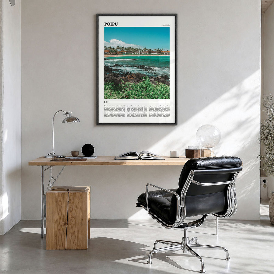 Poipu Travel Poster in a black wood frame, hanging in a bright home office