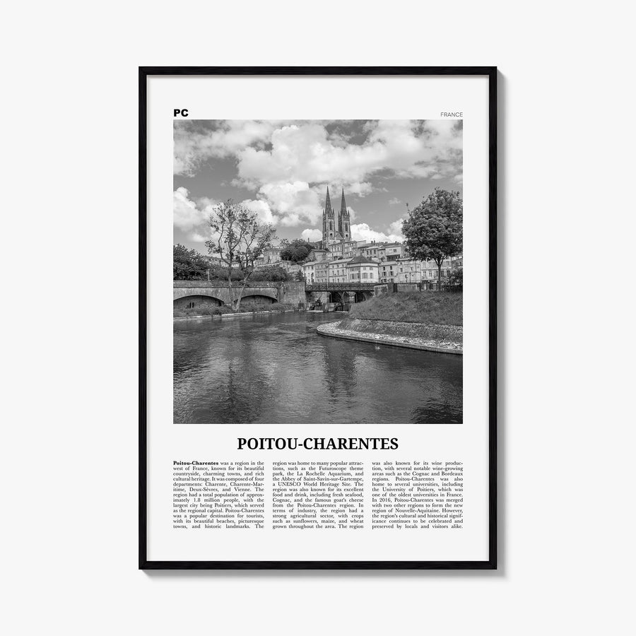 Poitou-Charentes black & white newspaper poster of France – vertical wall art, unframed print shown in interior mockup