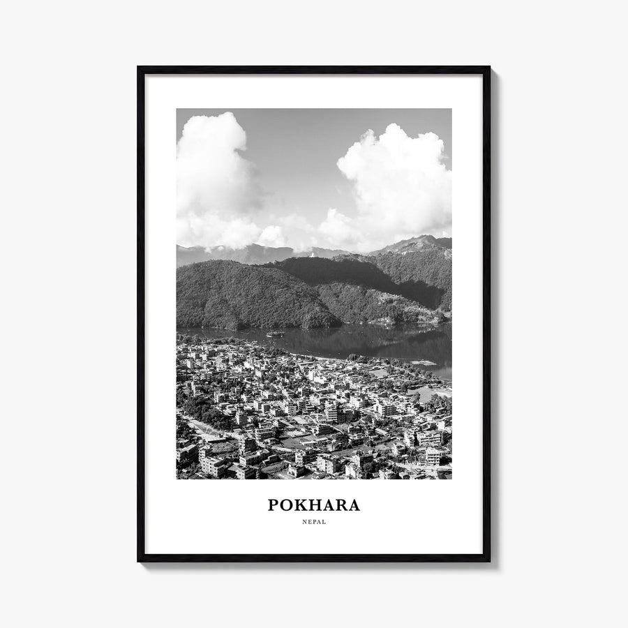 Pokhara black & white classic poster of Nepal – vertical wall art, unframed print shown in interior mockup