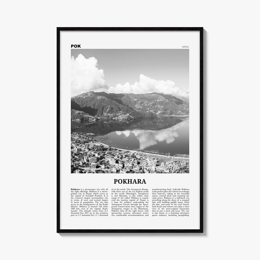 Pokhara black & white newspaper poster of Nepal – vertical wall art, unframed print shown in interior mockup