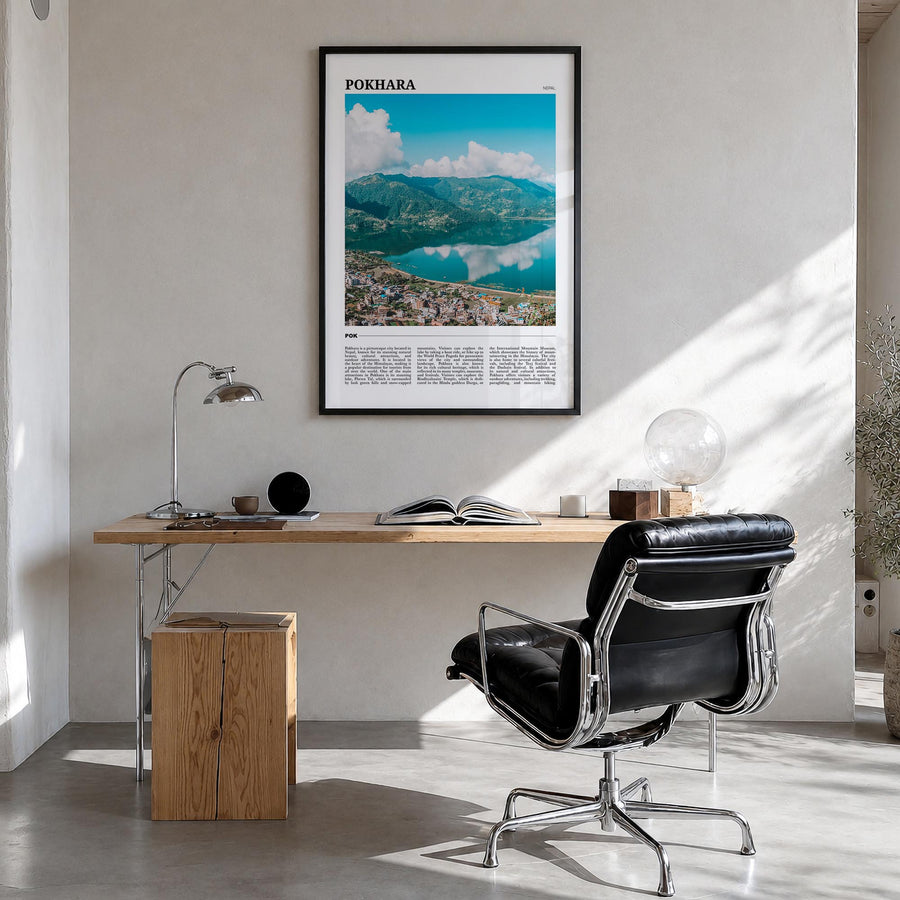 Pokhara colorful travel poster of Nepal – vertical wall art in black wood frame, hanging on wall