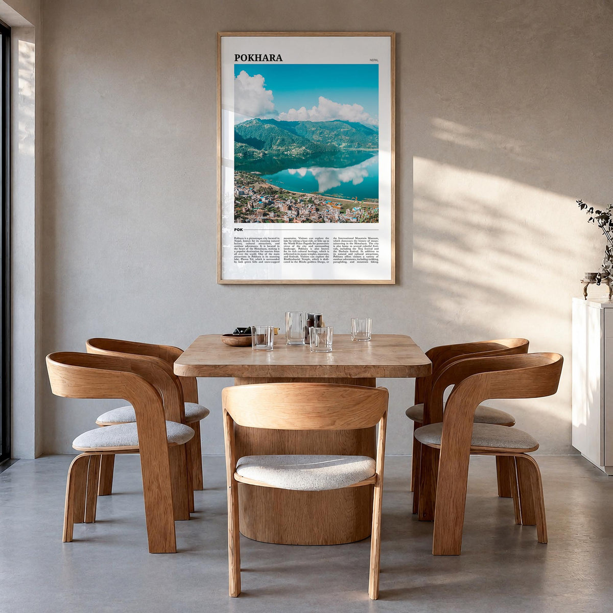 Pokhara colorful travel poster of Nepal – vertical wall art in natural wood frame, hanging on wall