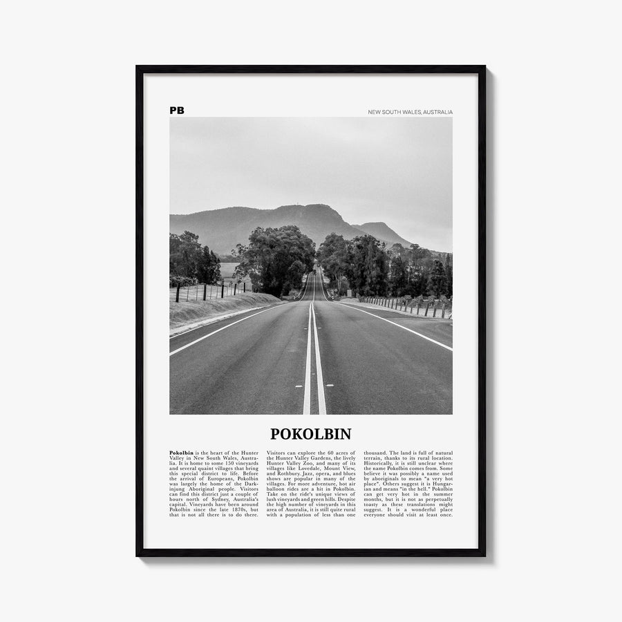 Pokolbin black & white newspaper poster of Australia – vertical wall art, unframed print shown in interior mockup