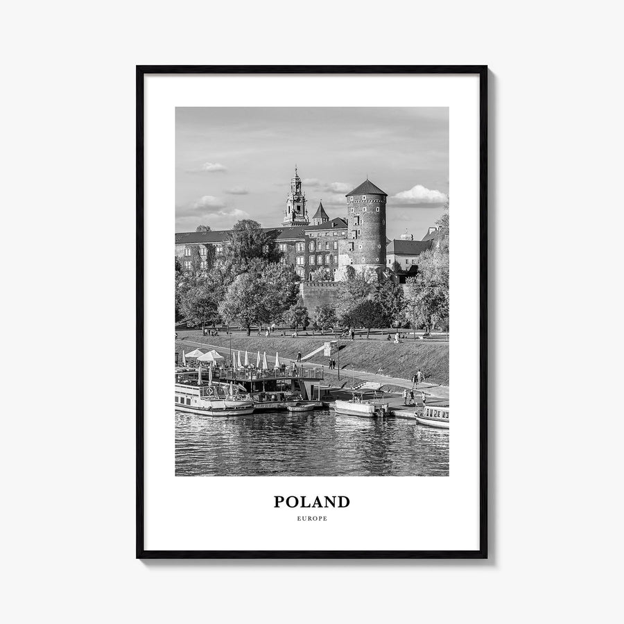 Poland black & white classic poster of Europe – vertical wall art, unframed print shown in interior mockup