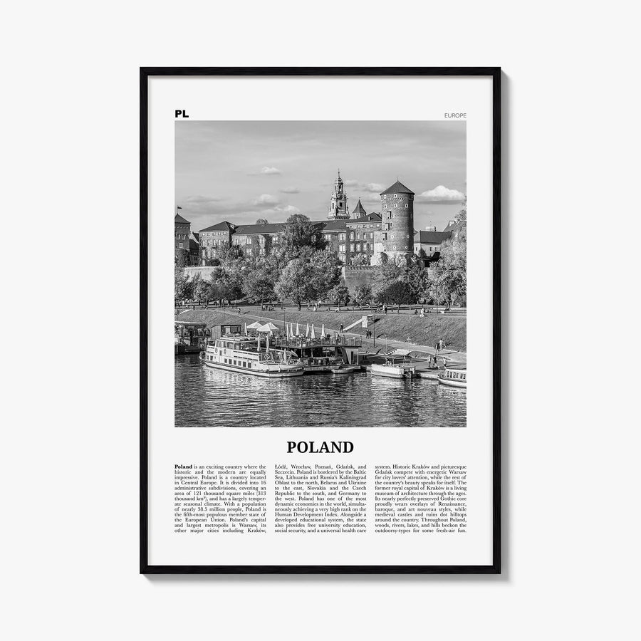 Poland black & white newspaper poster of Europe – vertical wall art, unframed print shown in interior mockup