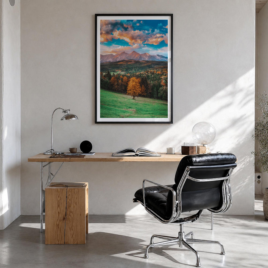 Poland colorful photo poster of Europe – vertical wall art in black wood frame with white border, hanging on wall