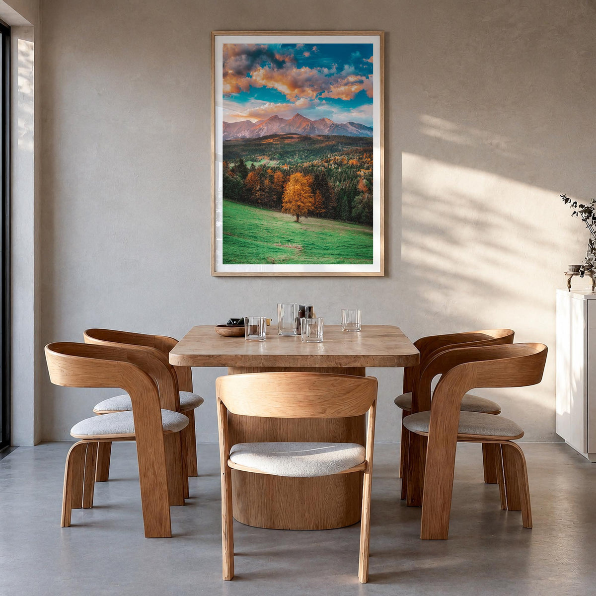 Poland colorful photo poster of Europe – vertical wall art in natural wood frame with white border, hanging on wall