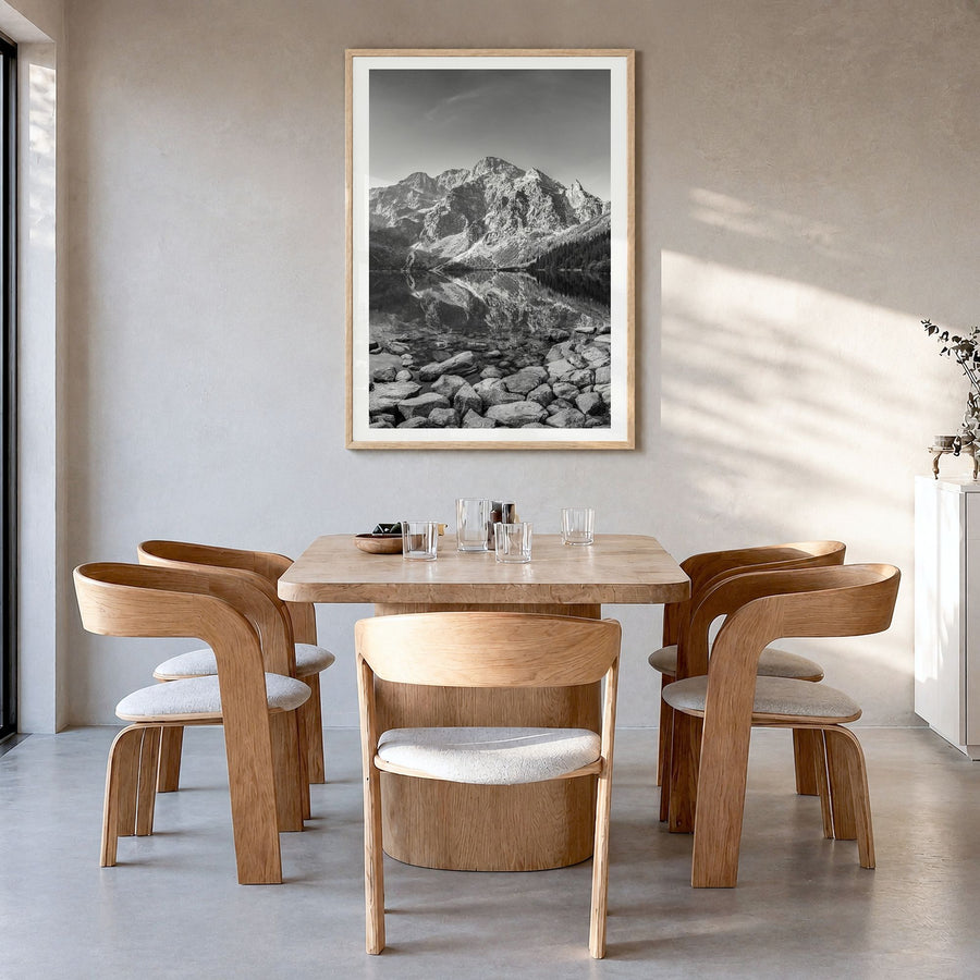 Poland Photo Poster in a natural wood frame, hanging in a dining room, white border