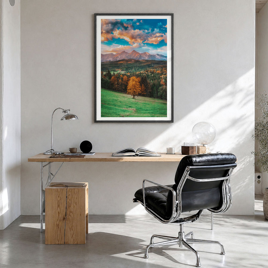 Poland Photo Poster in a black wood frame, hanging in a bright home office, white border
