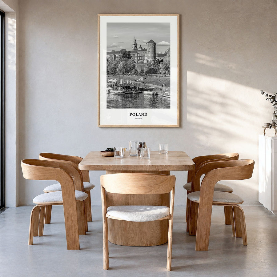 Poland Classic Poster in a natural wood frame, hanging in a dining room