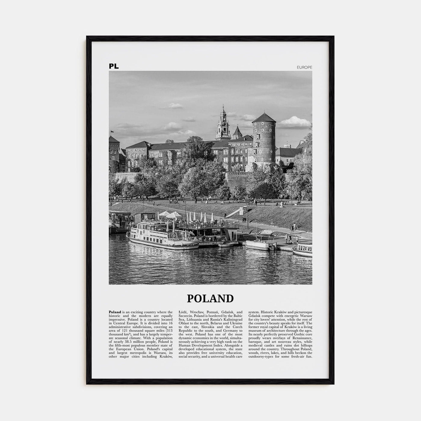 Poland Poster Black Wood / 8x12 in Nbourhood Travel B&W Poster