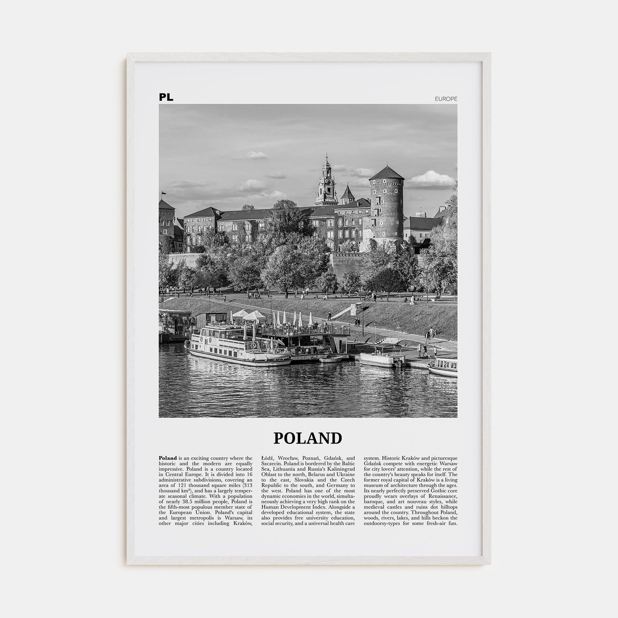 Poland Poster White Wood / 8x12 in Nbourhood Travel B&W Poster