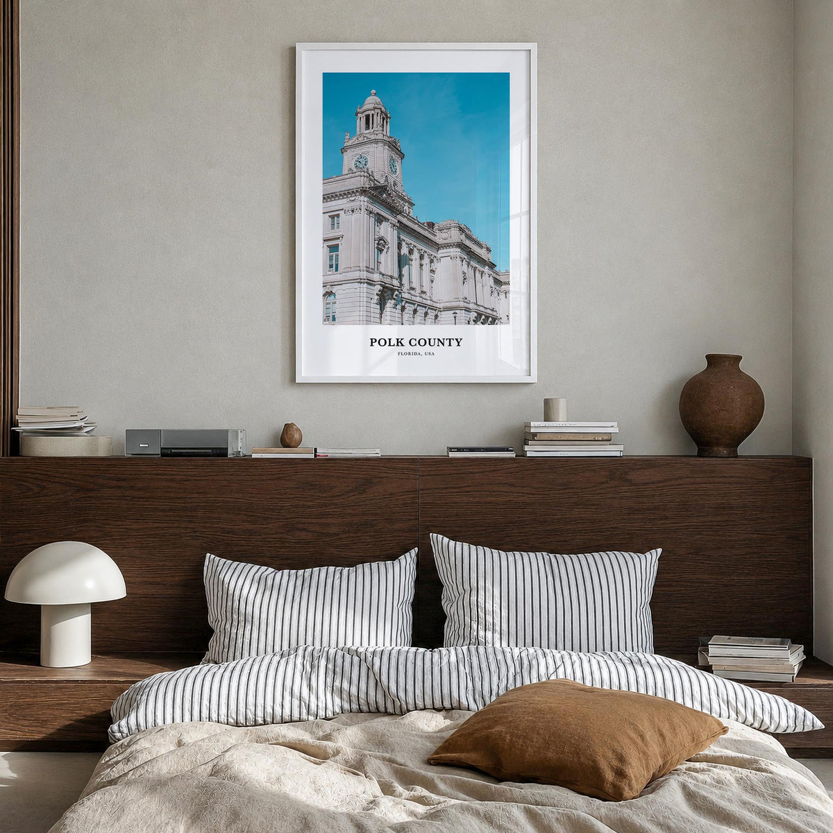 Polk County colorful classic poster of Florida, USA – vertical wall art in white wood frame, hanging on wall