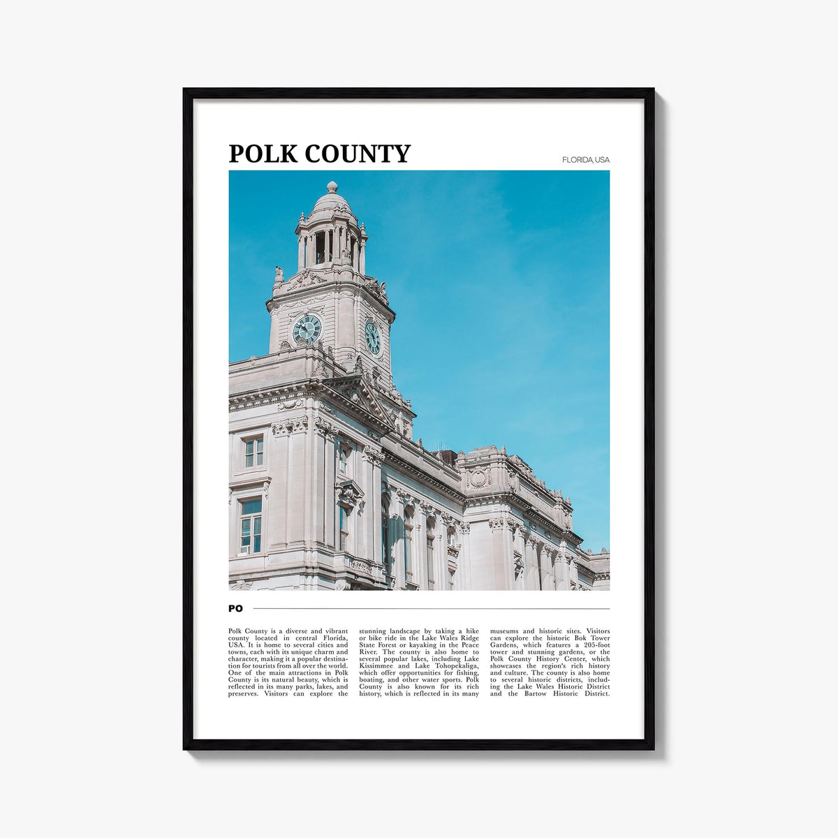 Polk County colorful travel poster of Florida, USA – vertical wall art, unframed print shown in interior mockup