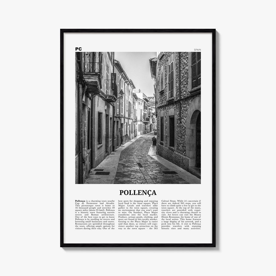 Pollença black & white newspaper poster of Spain – vertical wall art, unframed print shown in interior mockup