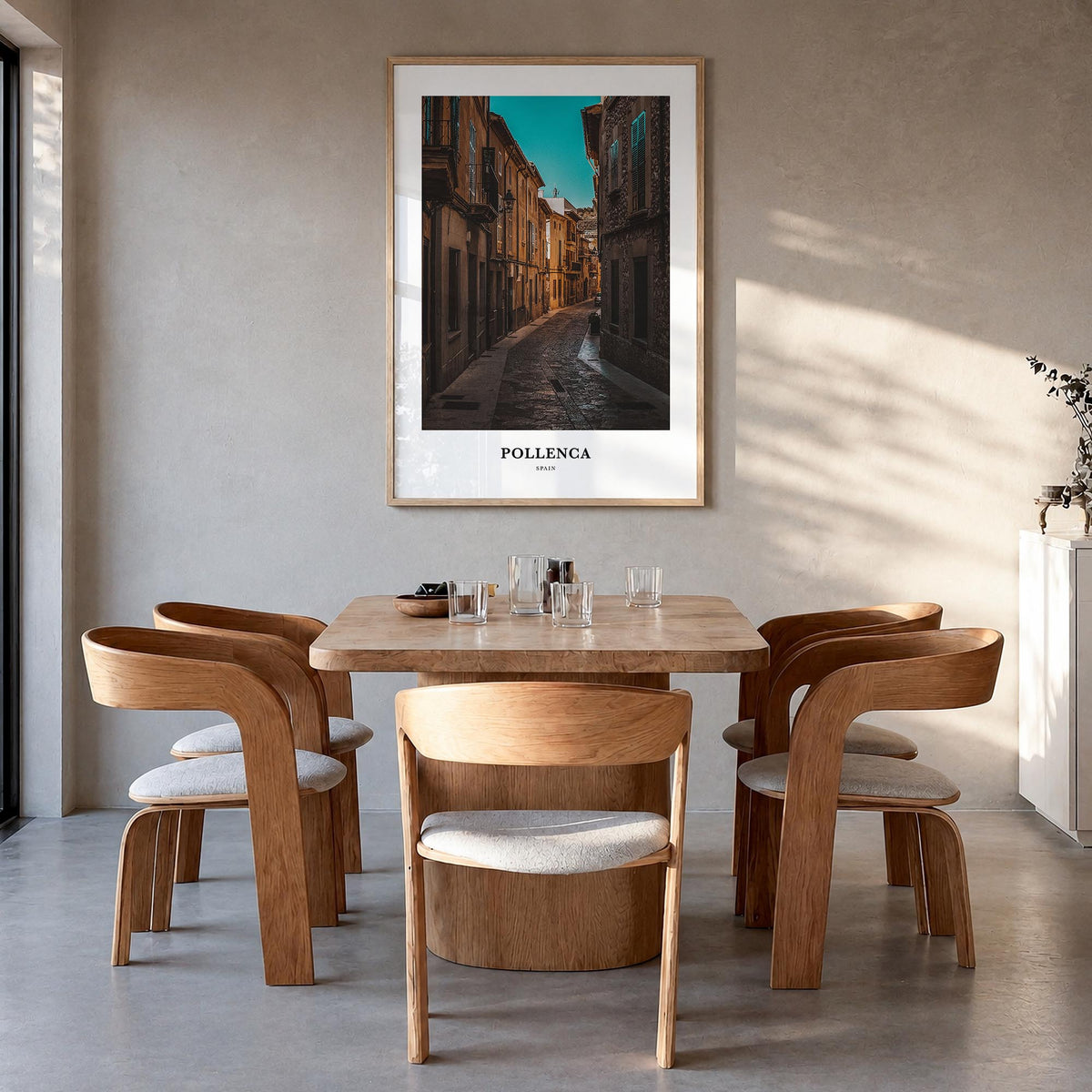 Pollença colorful classic poster of Spain – vertical wall art in natural wood frame, hanging on wall