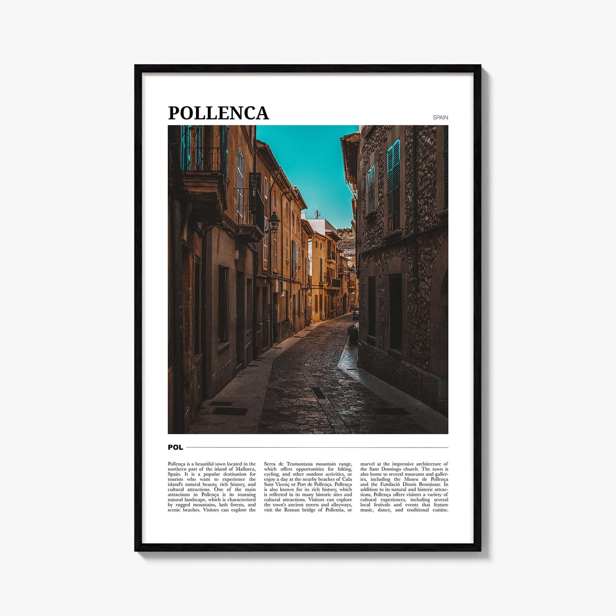 Pollença colorful travel poster of Spain – vertical wall art, unframed print shown in interior mockup