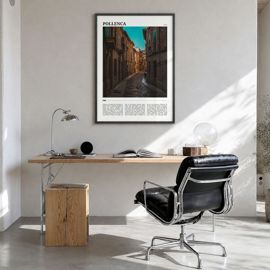 Pollença Travel Poster in a black wood frame, hanging in a bright home office