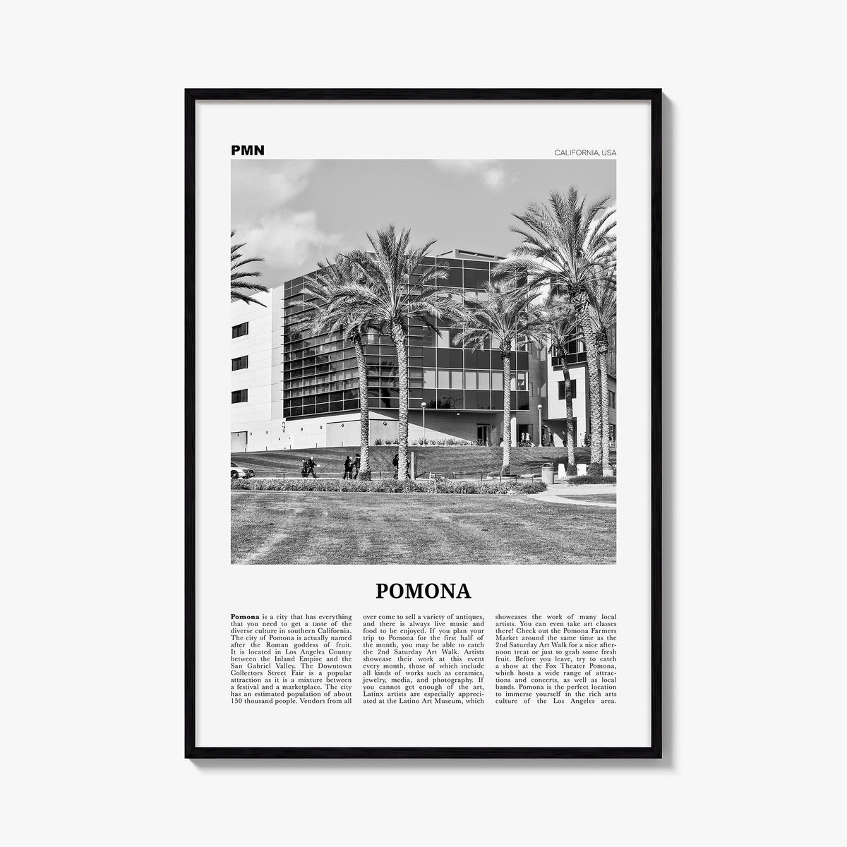 Pomona black & white newspaper poster of California, USA – vertical wall art, unframed print shown in interior mockup