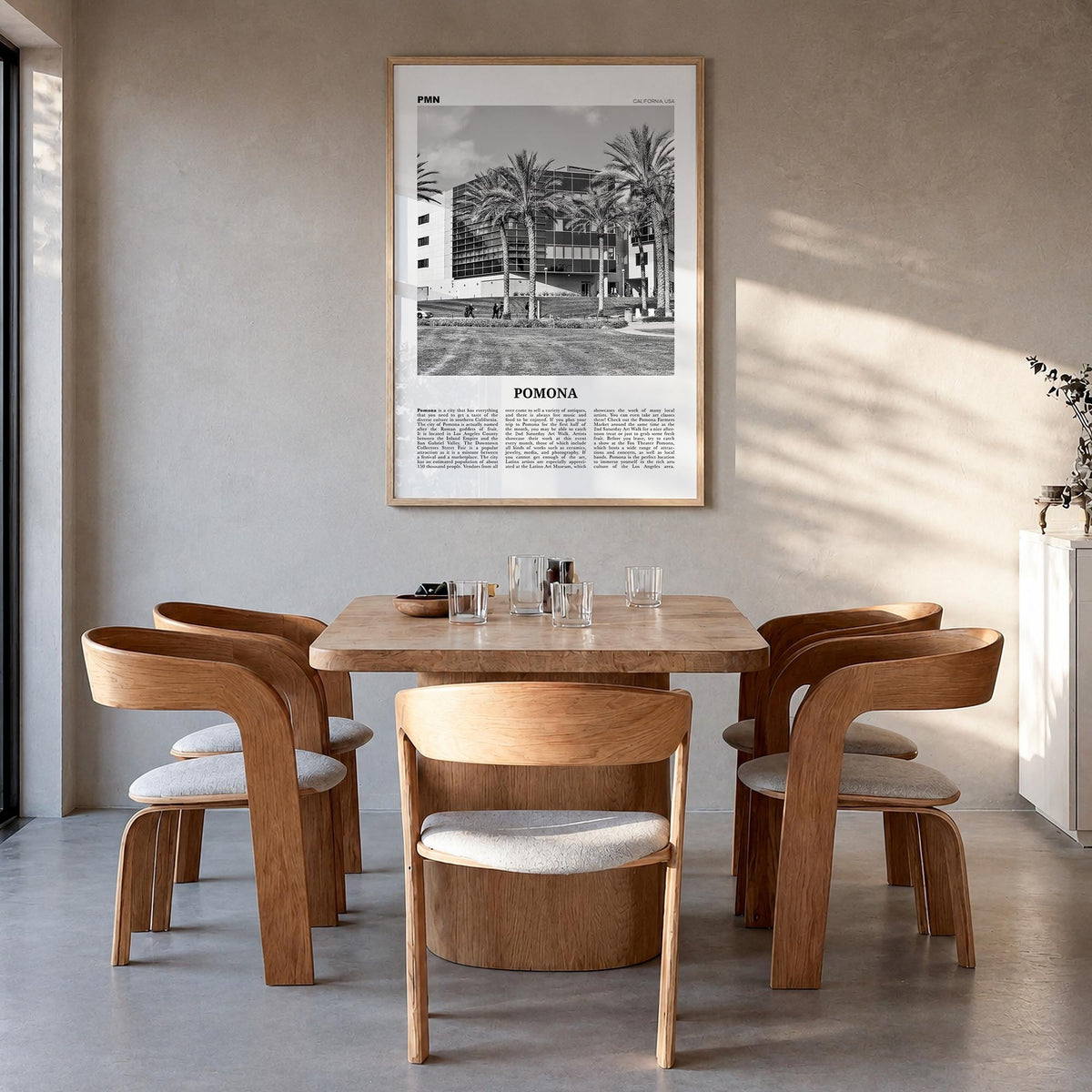 Pomona black & white newspaper poster of California, USA – vertical wall art in natural wood frame, hanging on wall