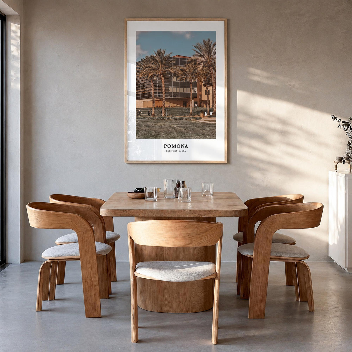 Pomona colorful classic poster of California, USA – vertical wall art in natural wood frame, hanging on wall