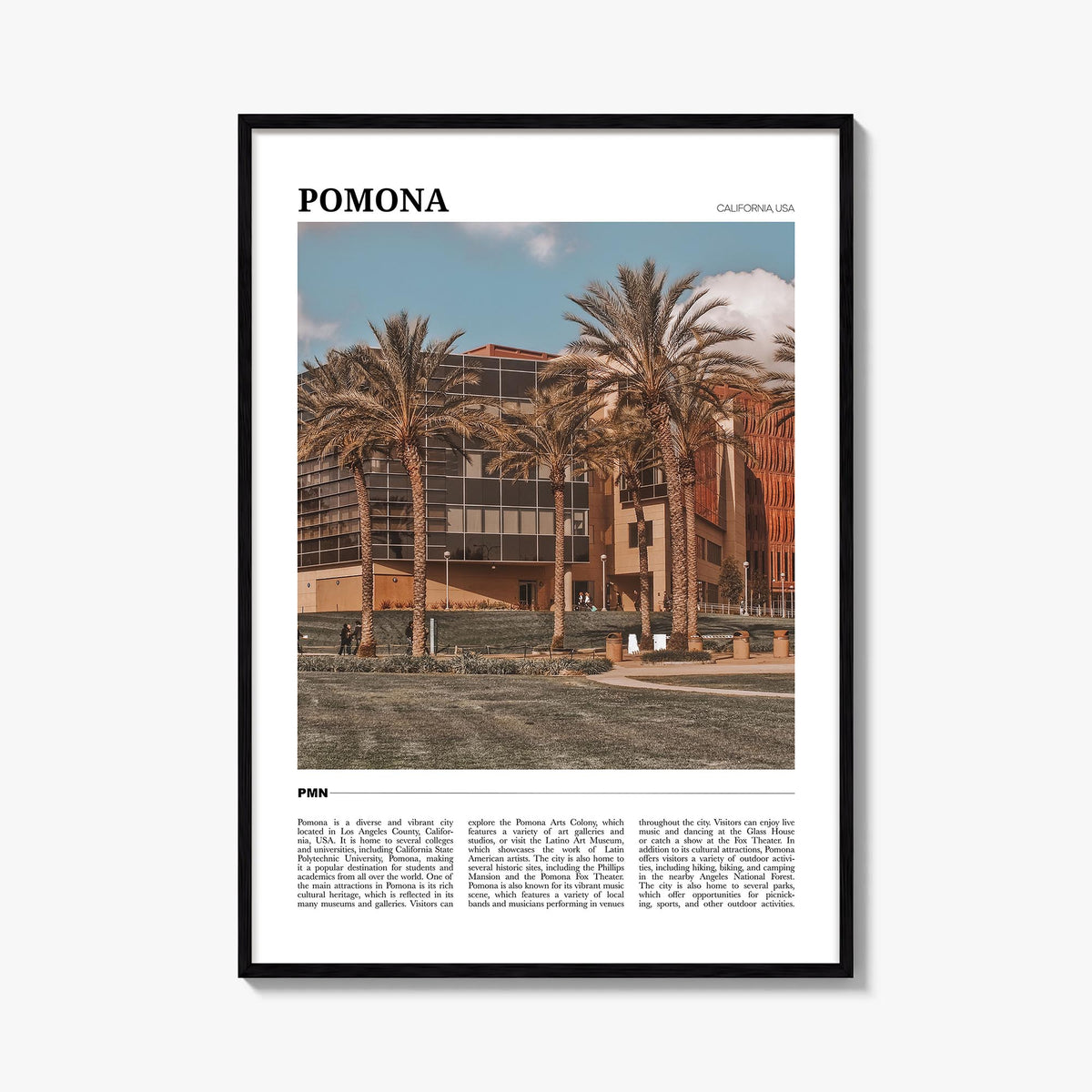 Pomona colorful travel poster of California, USA – vertical wall art, unframed print shown in interior mockup