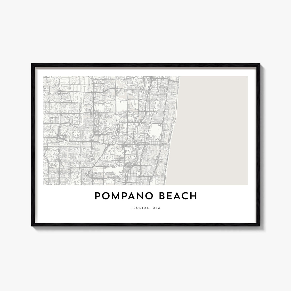 Pompano Beach black & white map poster of Florida, USA – horizontal wall art, unframed print shown in interior mockup