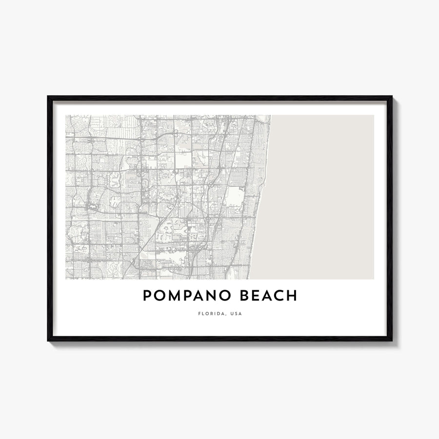 Pompano Beach black & white map poster of Florida, USA – horizontal wall art, unframed print shown in interior mockup