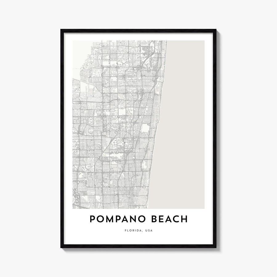 Pompano Beach black & white map poster of Florida, USA – vertical wall art, unframed print shown in interior mockup
