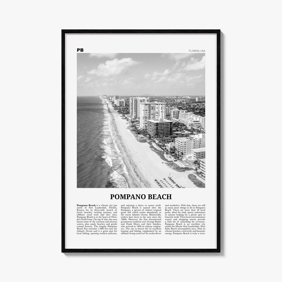 Pompano Beach black & white newspaper poster of Florida, USA – vertical wall art, unframed print shown in interior mockup