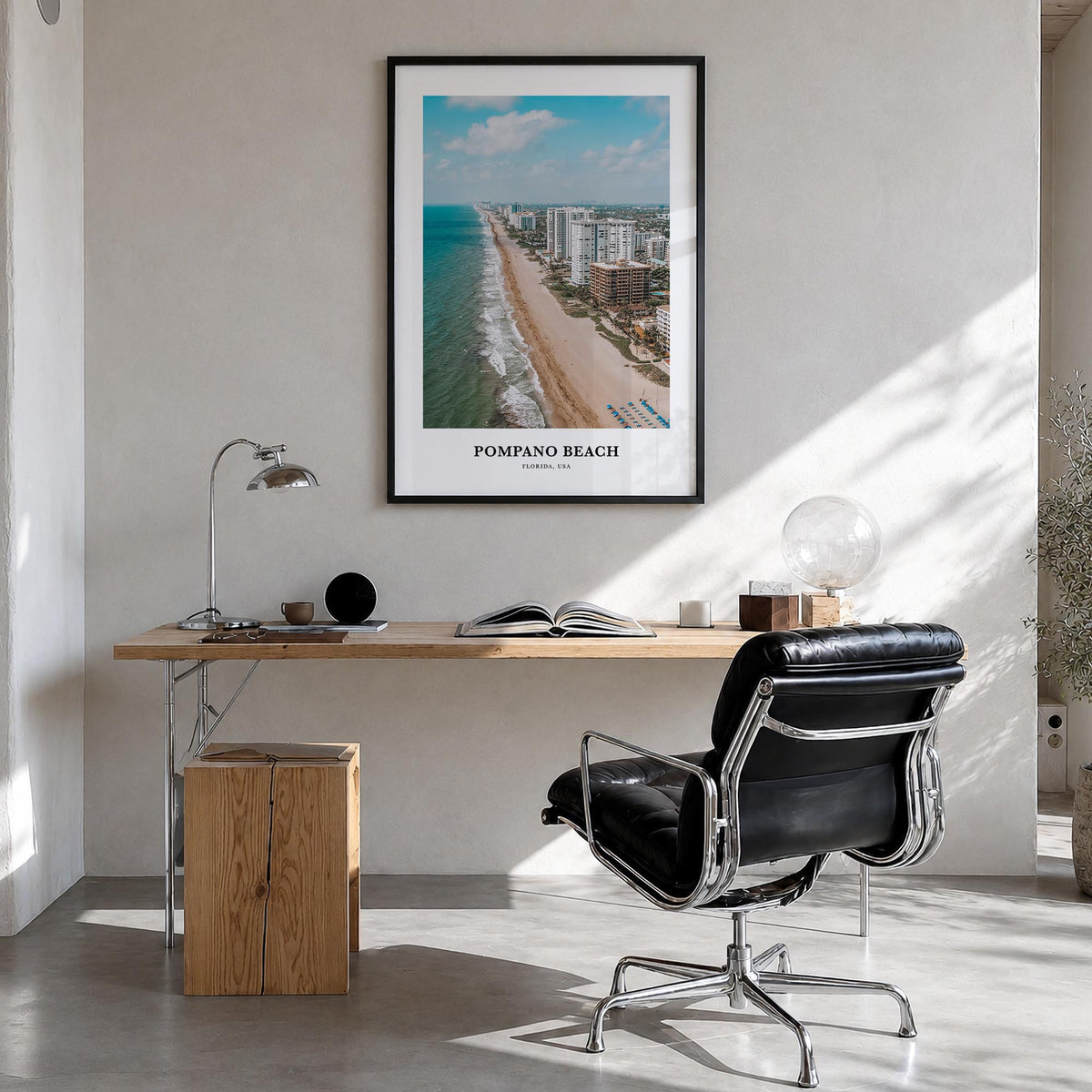 Pompano Beach colorful classic poster of Florida, USA – vertical wall art in black wood frame, hanging on wall