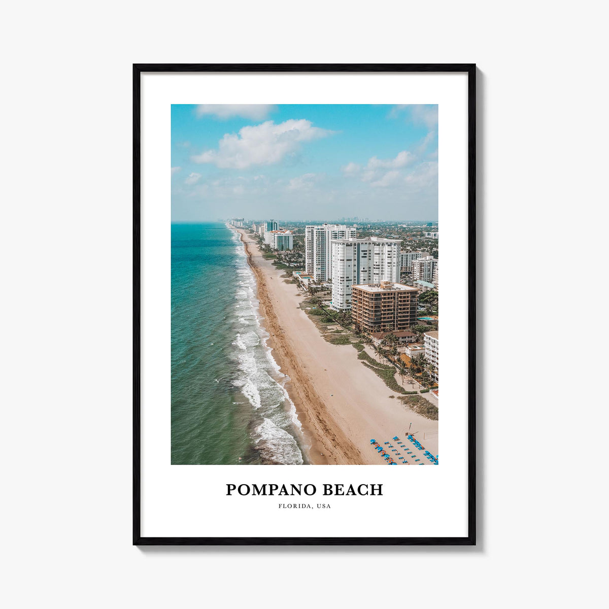 Pompano Beach colorful classic poster of Florida, USA – vertical wall art, unframed print shown in interior mockup