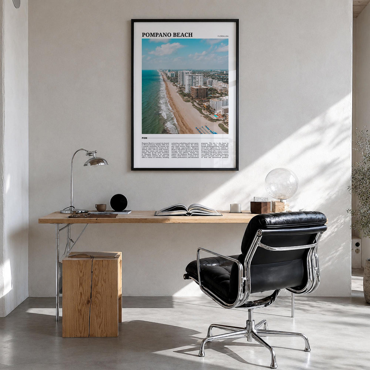 Pompano Beach colorful travel poster of Florida, USA – vertical wall art in black wood frame, hanging on wall