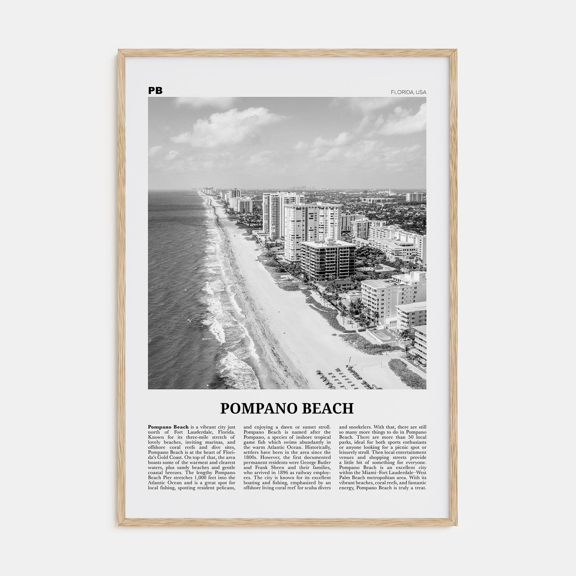 Pompano Beach Poster Natural Wood / 8x12 in Nbourhood Travel B&W Poster