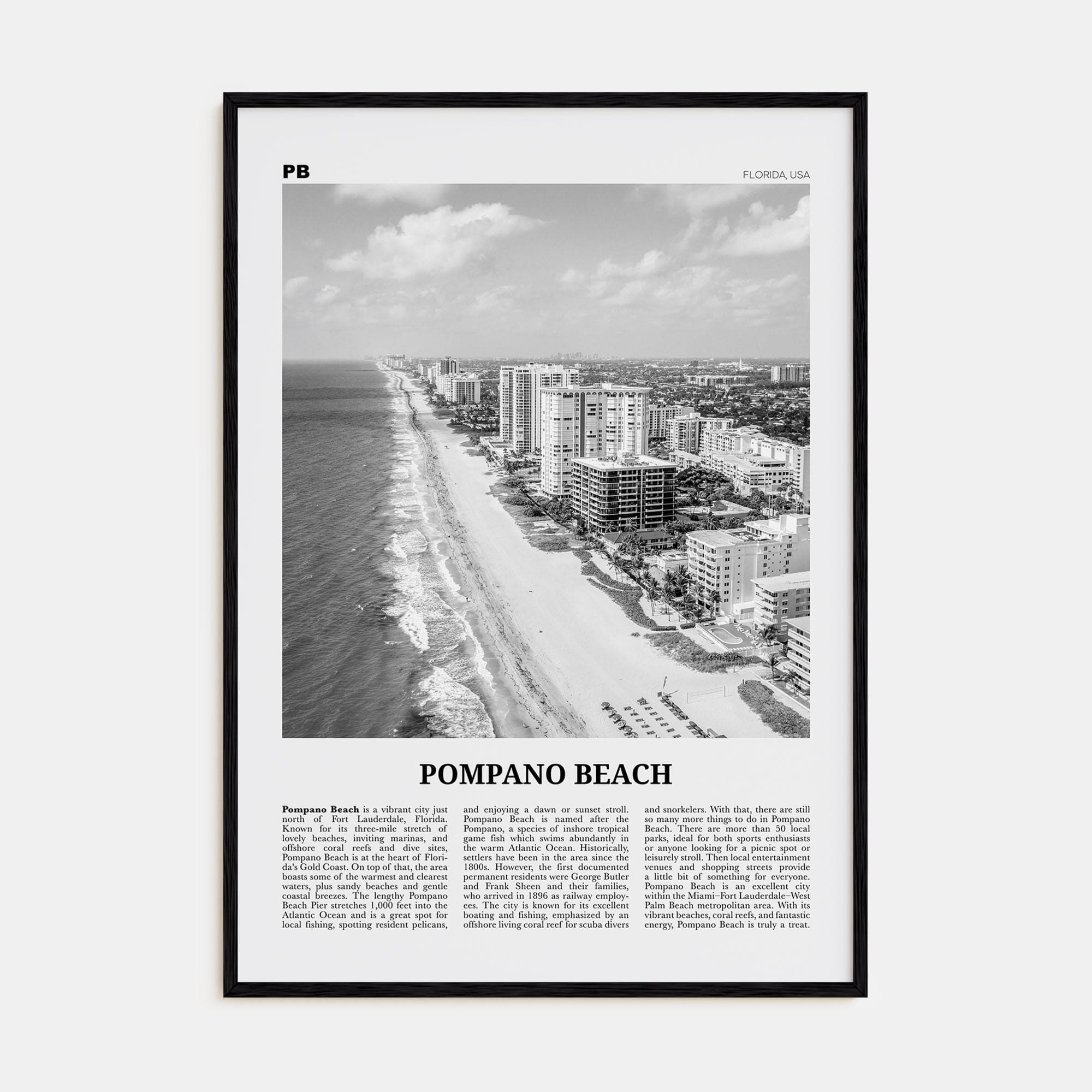 Pompano Beach Poster Black Wood / 8x12 in Nbourhood Travel B&W Poster