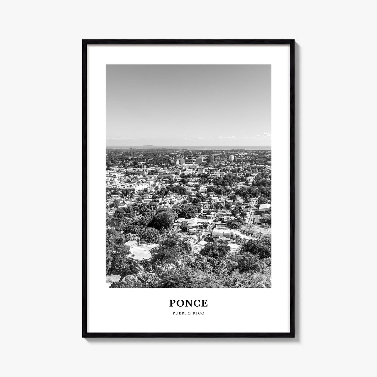 Ponce black & white classic poster of Puerto Rico – vertical wall art, unframed print shown in interior mockup