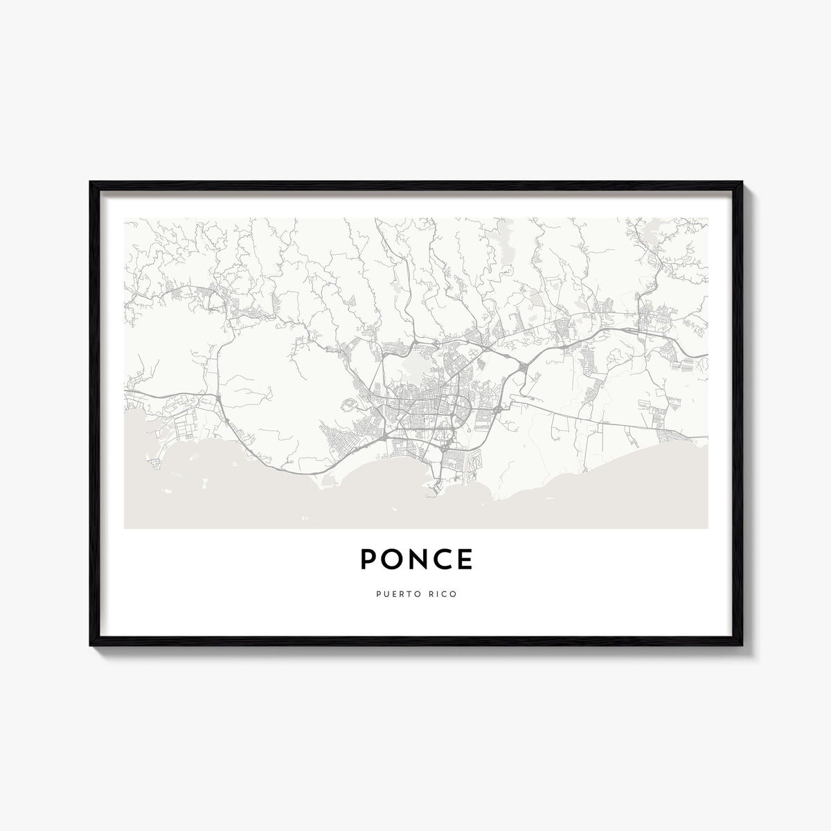 Ponce black & white map poster of Puerto Rico – horizontal wall art, unframed print shown in interior mockup