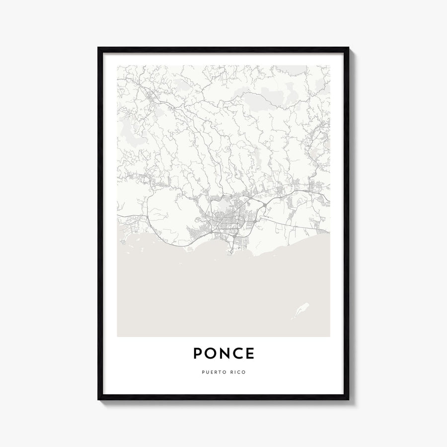 Ponce black & white map poster of Puerto Rico – vertical wall art, unframed print shown in interior mockup