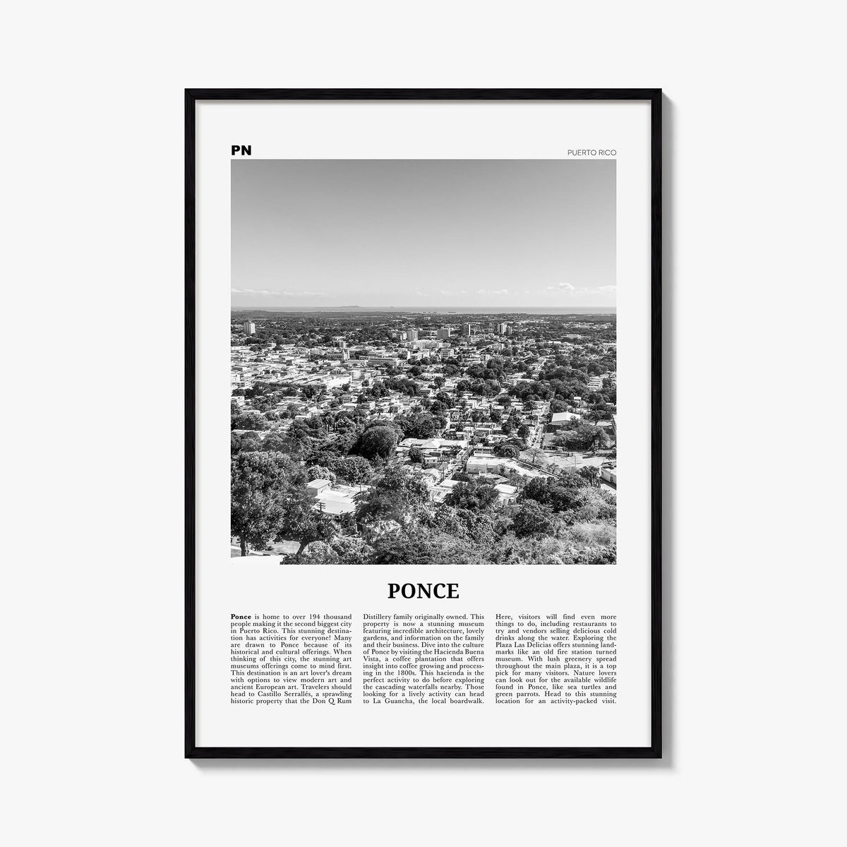Ponce black & white newspaper poster of Puerto Rico – vertical wall art, unframed print shown in interior mockup