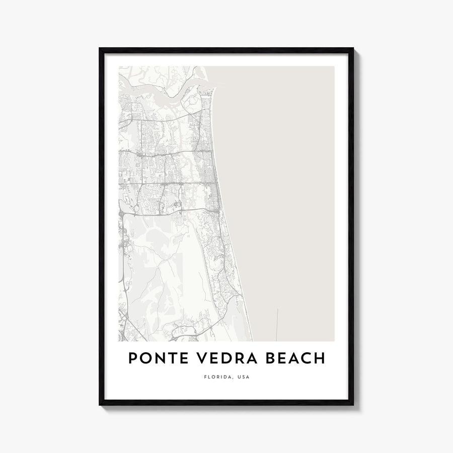 Ponte Vedra Beach black & white map poster of Florida, USA – vertical wall art, unframed print shown in interior mockup