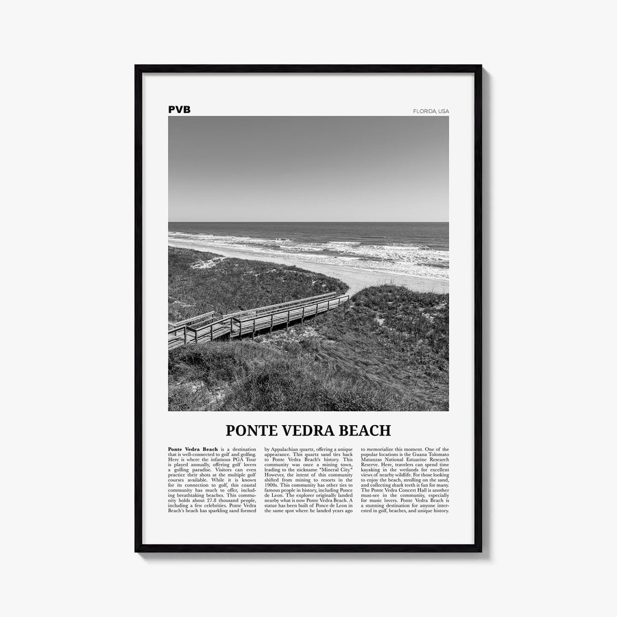 Ponte Vedra Beach black & white newspaper poster of Florida, USA – vertical wall art, unframed print shown in interior mockup