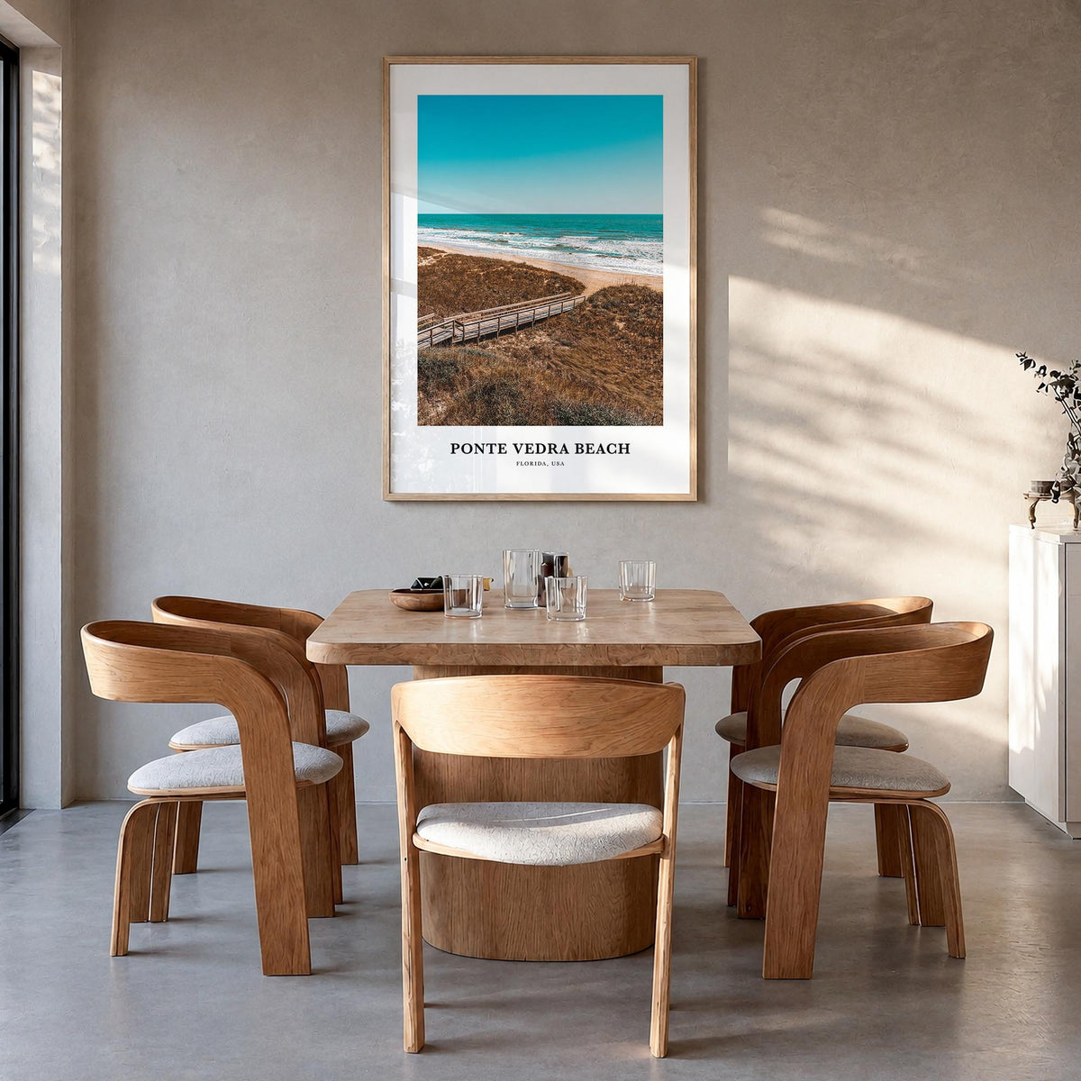 Ponte Vedra Beach colorful classic poster of Florida, USA – vertical wall art in natural wood frame, hanging on wall