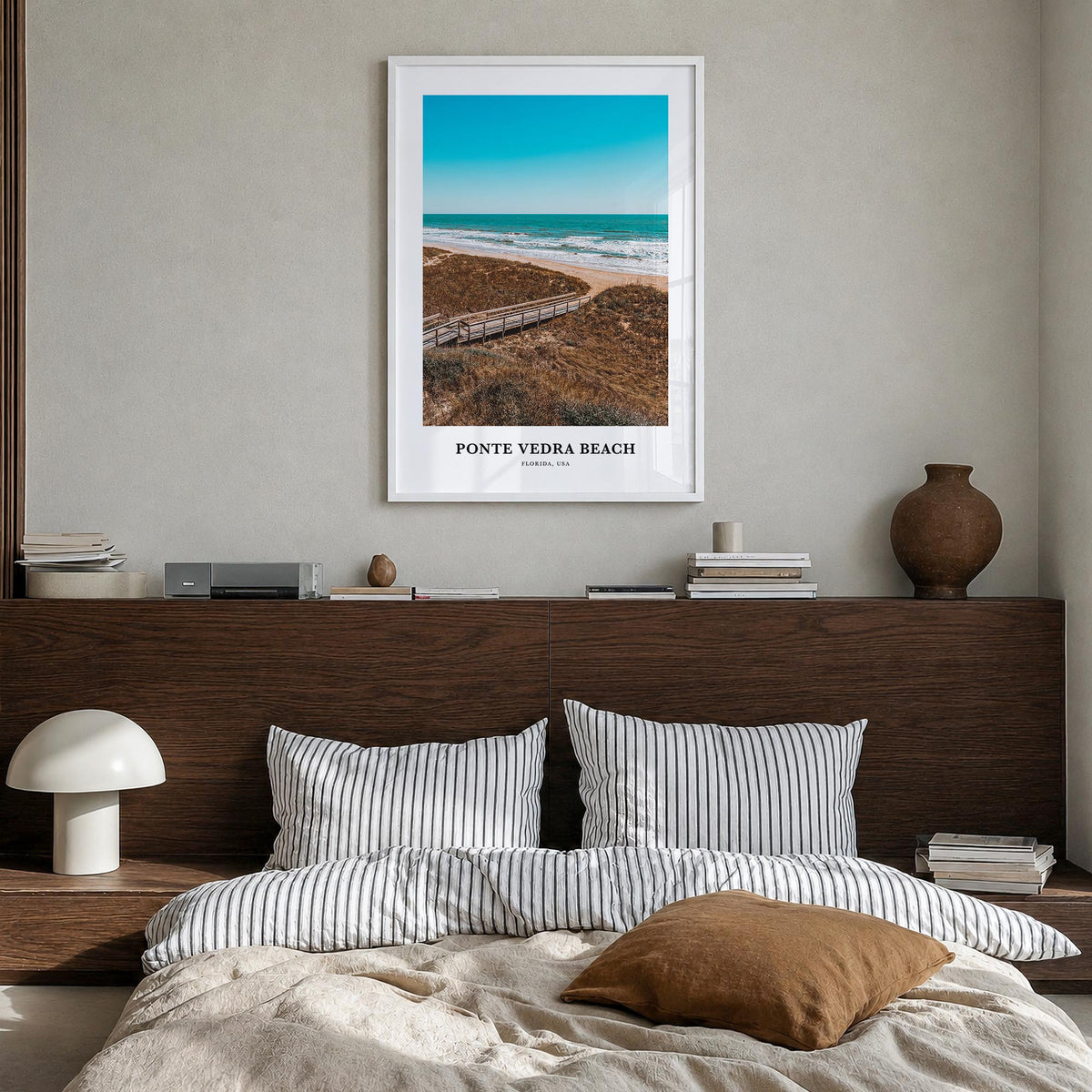 Ponte Vedra Beach colorful classic poster of Florida, USA – vertical wall art in white wood frame, hanging on wall