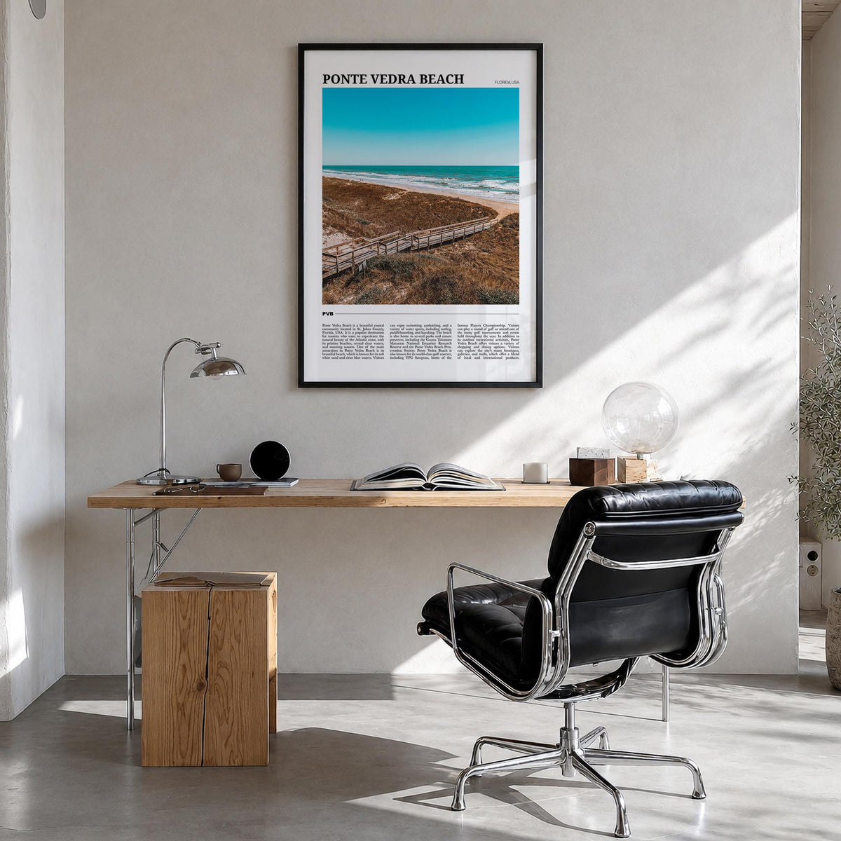 Ponte Vedra Beach colorful travel poster of Florida, USA – vertical wall art in black wood frame, hanging on wall