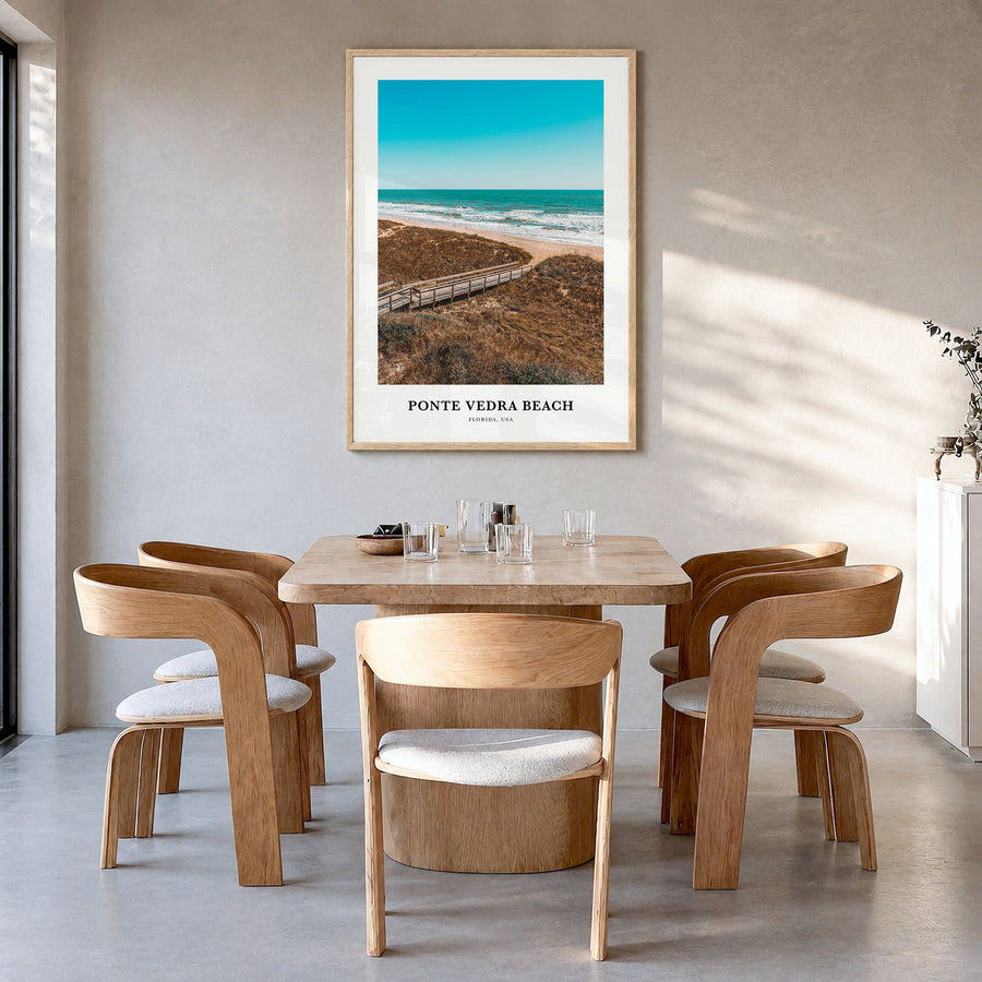 Ponte Vedra Beach Classic Poster in a natural wood frame, hanging in a dining room